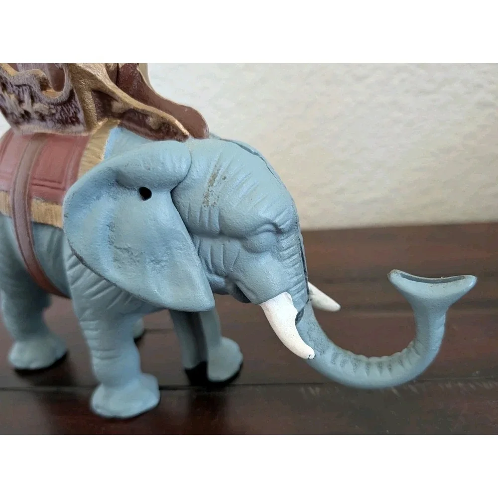 Vintage Cast Iron Elephant Mechanical Coin Bank Trunk Up Howdah Saddle Figurine